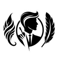 Silhouette of a Writer Man with Pen, encircled, flanked by stylized feathers, conveying elegance and the art of writing, classic monochrome vector
