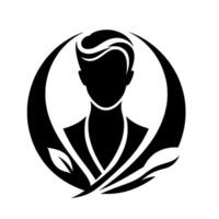 A minimalist black and white featuring a stylized silhouette of a person within a crescent shape and organic elements, evoking serenity. vector