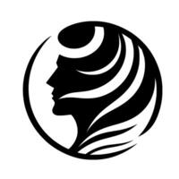 A stylized, minimalist black and white depicting a womans profile framed within a circle, featuring flowing hair elements, conveying elegance and sophistication. vector