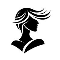 Elegant Silhouette A womans profile in black, featuring stylized short hair flowing against a pristine white backdrop. vector