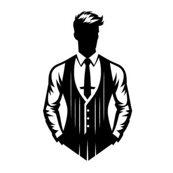 Silhouette of a Dapper Man in Formal Attire, with a Tie, Vest, and Hands in Pockets, Against White. vector