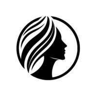 A minimalist, blackandwhite silhouette of a womans profile within a circular frame, featuring flowing hair, evoking a sense of elegance and simplicity. vector