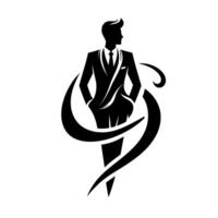 Elegant Silhouette A stylish man in a suit, adorned with artistic, flowing curves, exuding confidence against a crisp white backdrop. vector