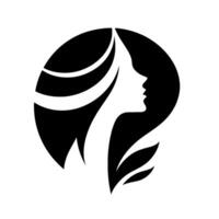 Minimalist black and white of a womans profile with flowing hair, framed by a circular black background and stylized leaves. vector