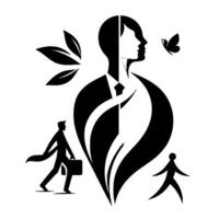 Monochromatic abstract illustration merging nature, career, and personal growth, with a stylized figure and butterfly motif. vector