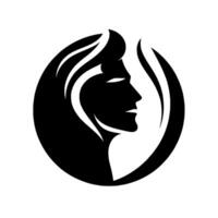 Elegant Silhouette of a Womans Profile Contained in a Circle with Stylized Hair and Minimalist Aesthetic. vector