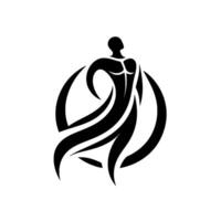 Stylized Black Silhouette of a Dancer in Flowing Gown Enclosed in a SemiCircular Abstract Frame on White Background. vector