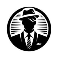 Noirstyle Illustration Silhouetted Detective in Fedora, Suit, and Tie, framed by a stylized round background with subtle horizontal lines. vector