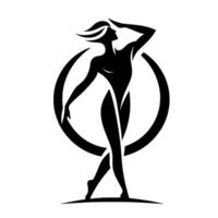 Graceful Silhouette of a Woman Posing Within a Circle, Hand on Forehead, Minimalist, Black and White Illustration. vector