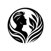 Elegant black silhouette of a profile of a person within a circle, adorned with stylized leaves, conveying serenity. vector