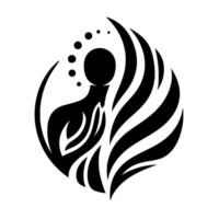 Black and White Abstract Silhouette A Human Figure Encircled by WingLike Shapes, Emanating Serenity and Harmony, with Dots. vector