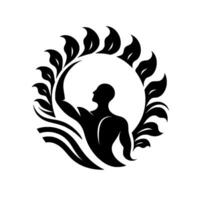 Silhouette of a muscular man within a leafy circular frame, with an arm raised, evoking strength and natures embrace, modern artistic . vector