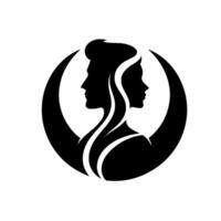 Silhouette of a Man and Woman in Profile, Encircled by a Crescent Moon, Symbolizing Balance and Unity, in a Minimalist Black and White . vector