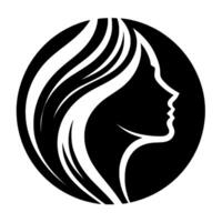 Elegant Silhouette of a Womans Profile Within a Black Circle, Highlighting Flowing Hair in a Monochromatic Composition. vector