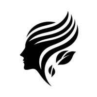 Silhouette of a womans profile with flowing hair and leaves, a stylized, minimalist in black on white. vector