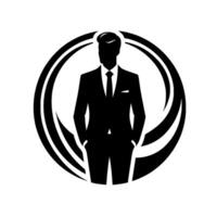 A stylized, minimalist black and white illustration of a businessman in a suit, with a dynamic circular backdrop, exuding confidence. vector
