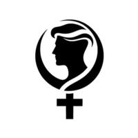 Black and White Silhouette of a Female Profile Enclosed in a Crescent Circle, Overlaid on a Cross Symbol, Representing Femininity and Strength. vector
