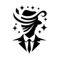 Silhouette of a stylish figure in a suit and fedora hat, surrounded by sparkling stars, creating a mysterious and magical aura. vector