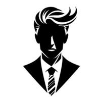 A striking black and white silhouette of a man with stylized hair, wearing a suit and tie, evoking a sense of elegance and sophistication. vector