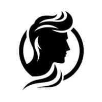 Silhouette of a Persons Profile Inside a Circle, Featuring Bold Hair and Flowing Lines, Against a Clean White Background. vector