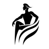 A minimalist silhouette of a seated male figure, poised in contemplation with flowing, stylized lines suggesting fabric or energy, on a clean white backdrop. vector