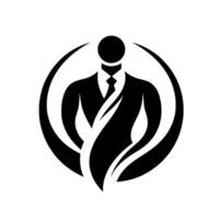 A minimalist black and white featuring a suited figure within a circular frame, with organic leaflike elements. vector