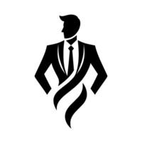 Formal Black Silhouette of a Man in a Suit, Tie, and Abstract Flowing Lines Symbolizing Ambition and Confidence Against a White Background. vector