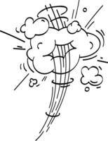 Hand drawn illustration of a tornado exploding from a cloud, creating a swirling vortex, depicted in a dynamic cartoon style with bold lines and exaggerated features vector