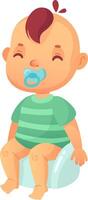 Cute baby wearing striped t shirt sitting on potty training using pacifier, learning to use potty, infant care and hygiene, illustration isolated on white background vector