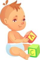 Adorable baby in diaper sitting and playing with colorful alphabet blocks, promoting early childhood education and development through play vector