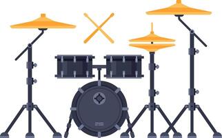 Professional drum set featuring a bass drum, tom toms, cymbals, and drumsticks, poised for a drummer to unleash vibrant and energetic rhythms in various musical genres vector