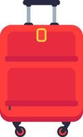 Red rolling suitcase featuring an extending handle and smooth wheels, representing the essence of vacation travel and tourism, isolated against a crisp white background vector