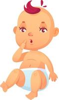 Adorable baby sitting with legs extended, touching their face with a finger, expressing curiosity and innocence while evoking childhood development vector