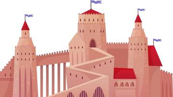 Majestic medieval castle with high fortified walls, multiple towers, and waving flags evokes a sense of history, power, and fairytale charm against a clear sky vector