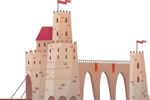Majestic medieval castle with high towers, red flags, a long bridge and fortified walls, perfect for historical or fantasy projects, evoking a sense of strength, royalty, and ancient battles vector