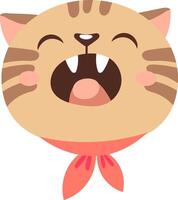 Cartoon illustration featuring a cute brown cat wearing a vibrant red scarf, meowing joyfully with its mouth wide open, displaying its teeth and tongue in an adorable manner vector