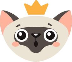 Siamese cat wearing a golden crown, displaying a surprised expression with big eyes and an open mouth, perfect for children's book illustrations or sweet designs vector