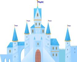 Beautiful ice castle with blue roof, golden decorations and flags waving in the wind, perfect for fantasy and fairytale projects, depicting a majestic and magical fortress vector