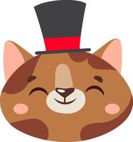 Close up illustration featuring a cute, smiling brown cat donning a magician's top hat, creating a whimsical and playful atmosphere filled with charm and joy vector