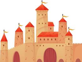 Illustration of a majestic medieval castle with red roof, towers, flags waving in the wind, high walls and a large wooden gate, isolated on white background vector