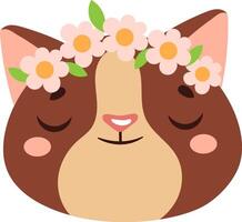 Adorable brown cat wearing a crown of pink flowers, smiling with closed eyes, creating a sweet and charming image, perfect for children's illustrations, greeting cards, and other design projects vector