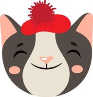 Charming illustration featuring a cute cat wearing a red beret adorned with a fluffy pompom, smiling and winking playfully, radiating joy and friendliness in a delightful design vector