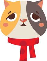 Cartoon illustration featuring a sad cat wearing a red polka dot scarf, gazing downwards with a melancholic expression, set against a clean white background vector