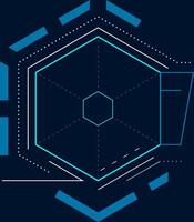 Complex geometric composition featuring a glowing hexagon at the center, surrounded by dotted lines and shapes in contrasting colors, embodying futuristic technology and design vector