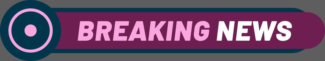 Breaking news banner with a play symbol showing a live streaming notification is starting, with white and pink letters over a purple background vector