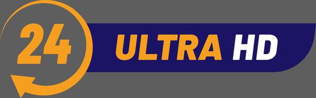 Orange twenty four hour symbol featuring a circular arrow and Ultra HD in orange and white letters on a blue banner, representing nonstop high definition service vector