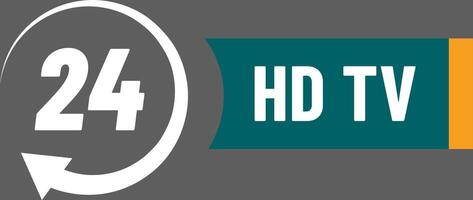 247 hd tv broadcasting service available all the time, with a white number twenty four on a gray circular arrow and hd tv written on a teal and orange horizontal banner vector