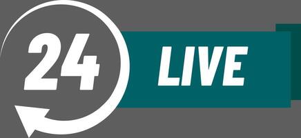 Non stop live streaming is represented by the number 24 inside a rotating arrow and the word live on a green horizontal banner over a gray background vector