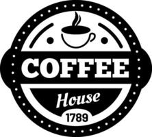 Circular logo for a coffee house established in 1789, featuring a steaming cup of coffee in the center, with bold text COFFEE and House below, enclosed within a dotted circular frame vector