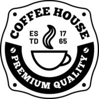 Coffee house premium quality badge promoting aromatic beverages with a steaming cup and established date, perfect for cafe branding and menu design vector